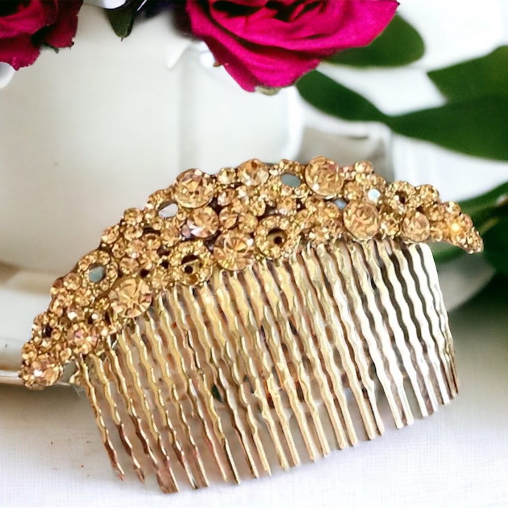 New! Gold Hair Clip Comb Peach Rhinestones - Picture 11 of 11